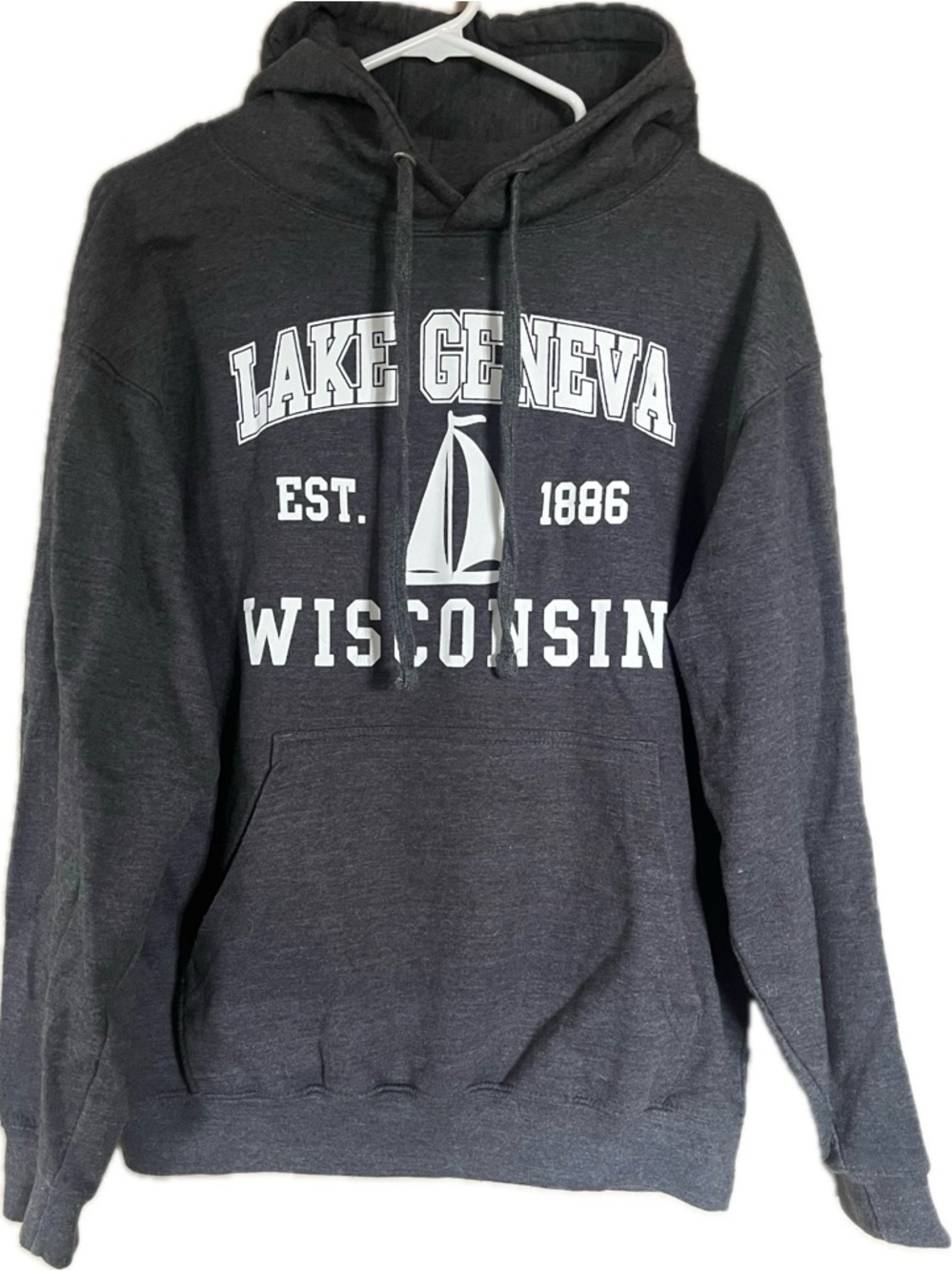 Lake Geneva Wisconsin Gray Hoodie Sweatshirt with kangaroo pocket. Size Medium.